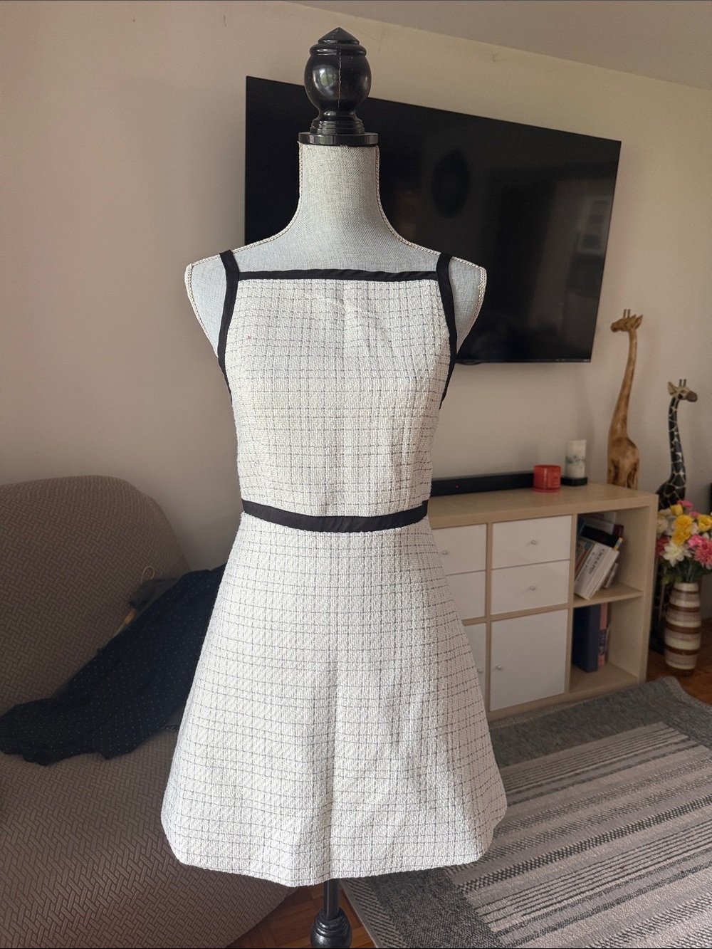 Cider Sleeveless White Check A-Line Dress with Black Trim